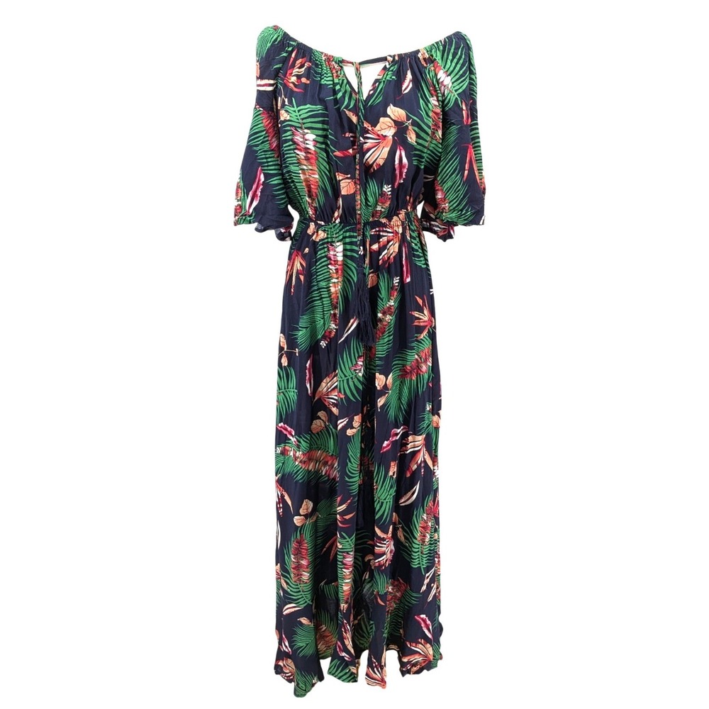 Tropical Maxi Dress Black Floral Palm‎ Print Off Shoulder Boho M